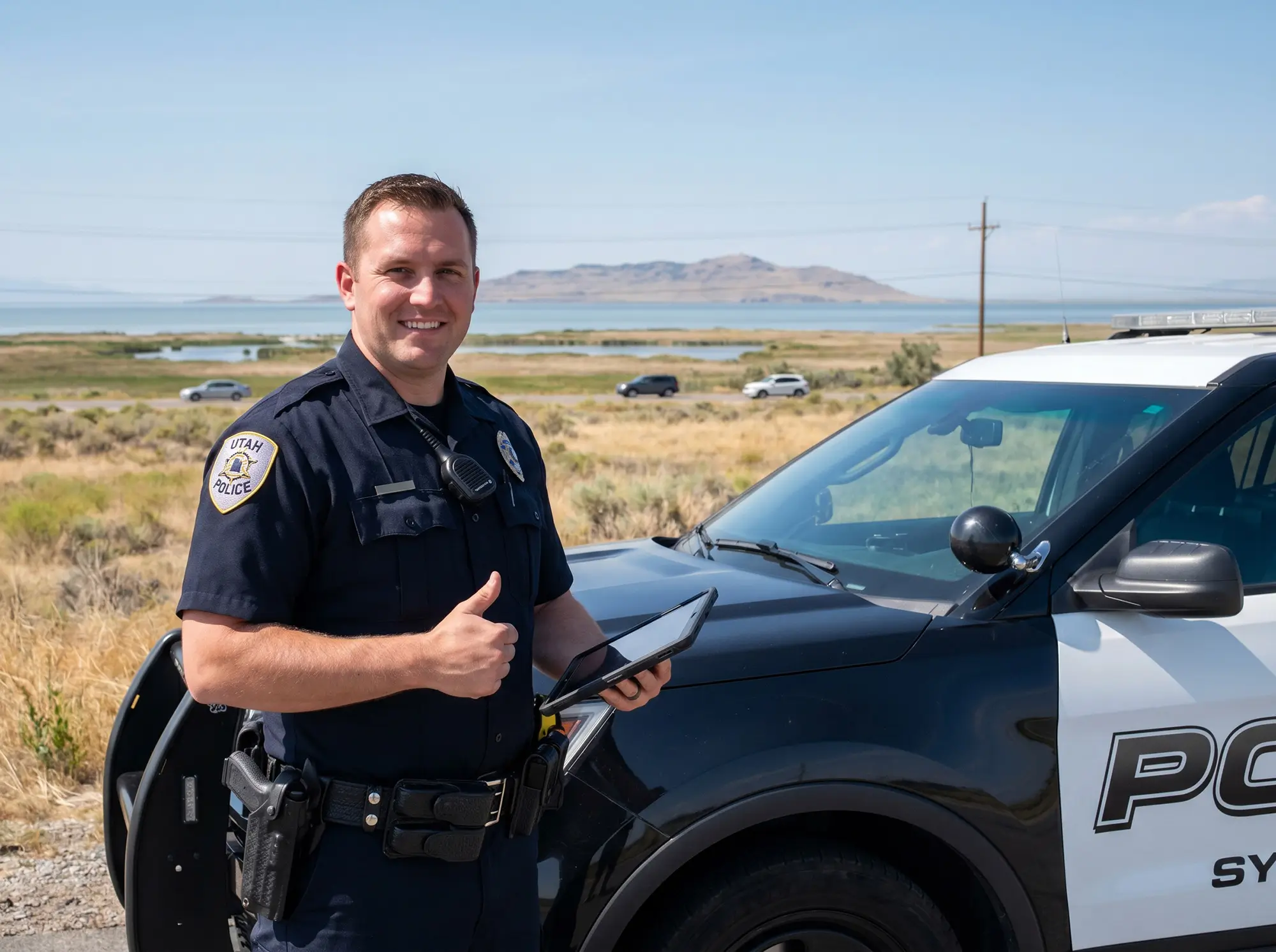 Utah police office giving thumbs up after taking child abuse awarenesscourse of ipad